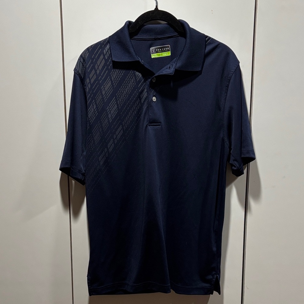 PGA TOUR Men’s Performance Golf Polo Navy Blue Geometric Print Size S